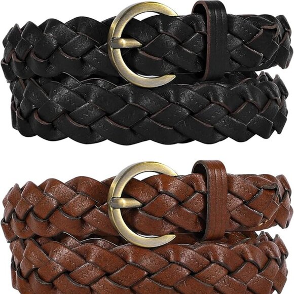 Black & Brown with Brass Hardware Braided Leather Belts Women's - Picture 1 of 4